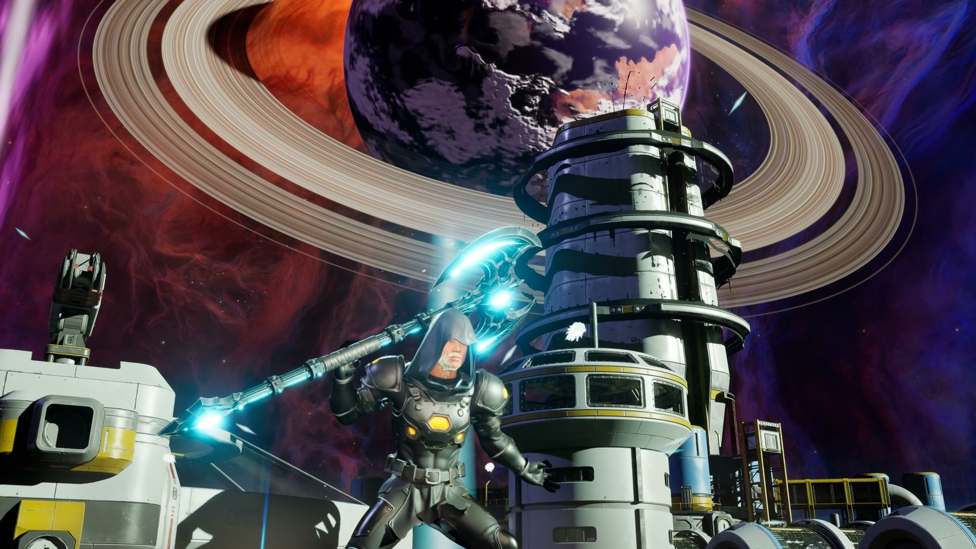 The hero swings a Great Axe at the foot of the spiral tower under Kestrel's rings