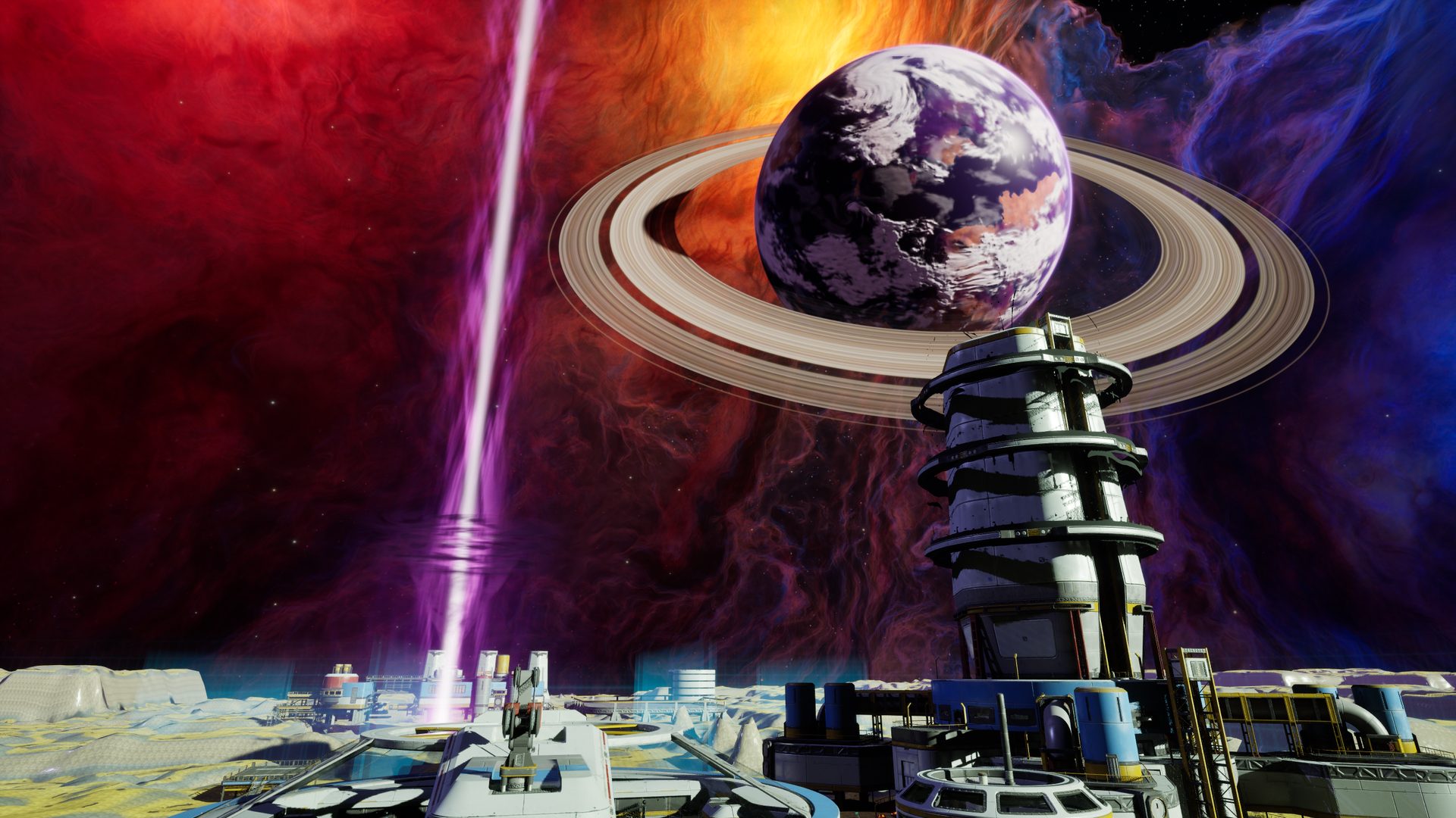 Kestrel, a ringed planet, over the crash-site camp, with the magenta column of the Breach rising behind it