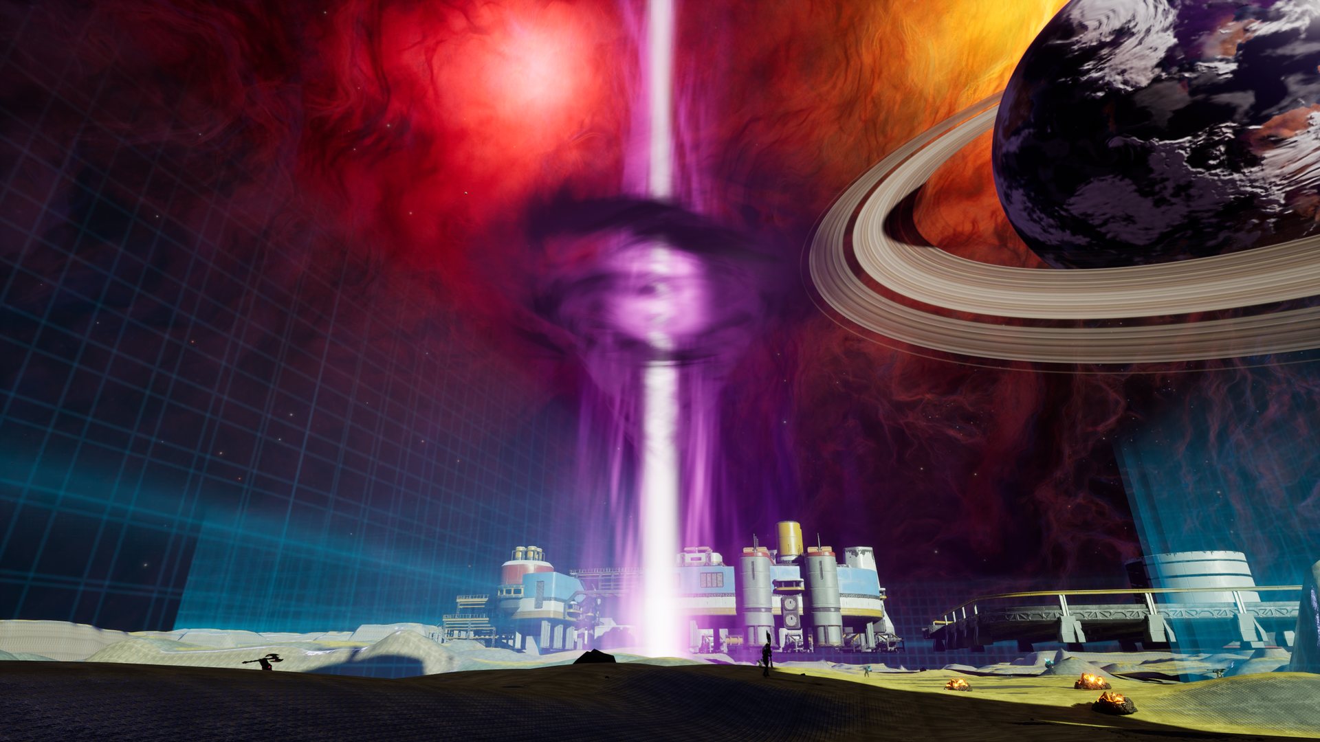 The Breach: a column of light under a storm collar, Kestrel's rings above