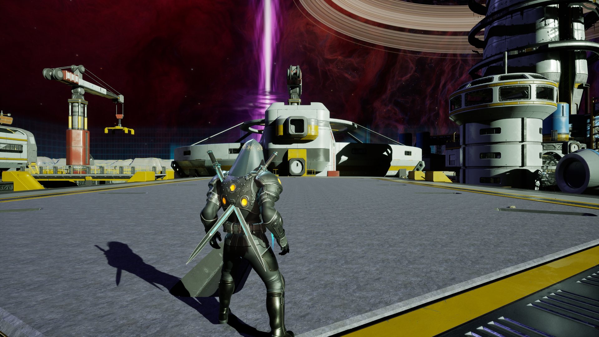 The hero on the camp's landing pad, a crane and the spiral tower behind