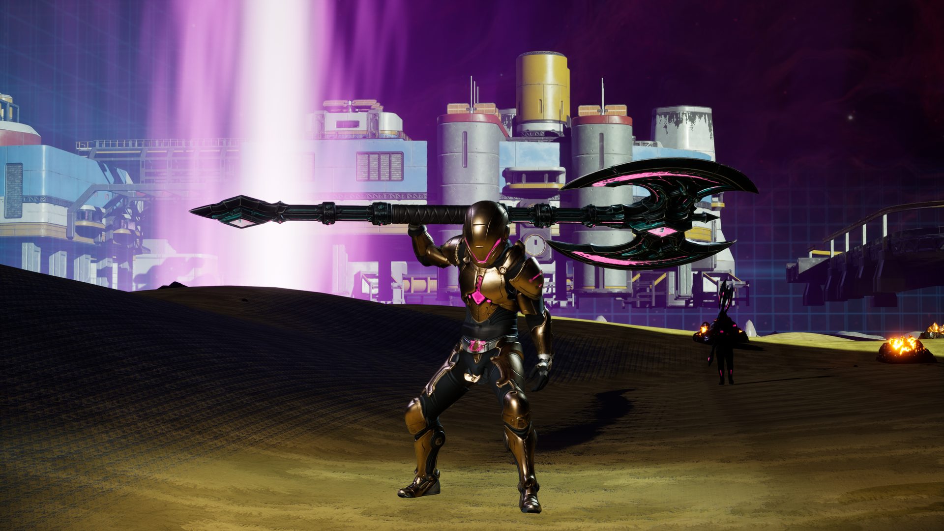 The Breach Warden in gold Solvar armour veined with magenta, a great axe across its shoulders, the Breach behind